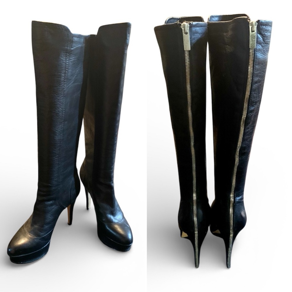 Calinda Boot by Dolce Vita Black Leather Full Back Zipper Platform Stiletto Heel